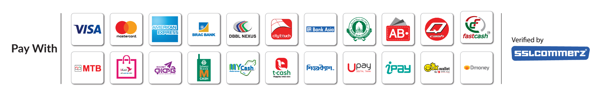 পেমেন্ট মেথড — VISA, Mastercard, bKash, Rocket সহ, Verified by SSLCommerz